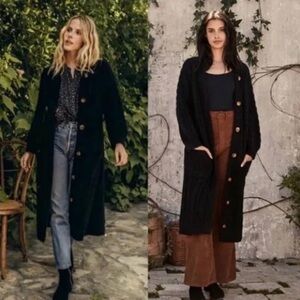 Doen Mesa black alpaca wool long knit cardigan crew neck button front